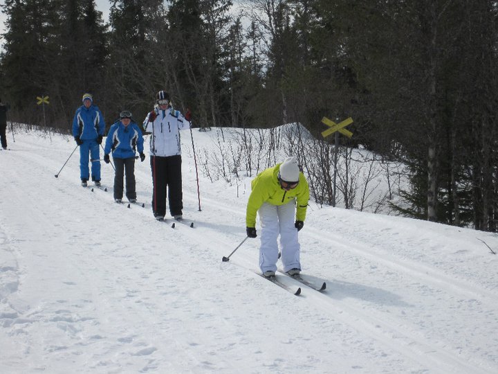 Me cross-country skiing in March, I'm the yellow one in the front