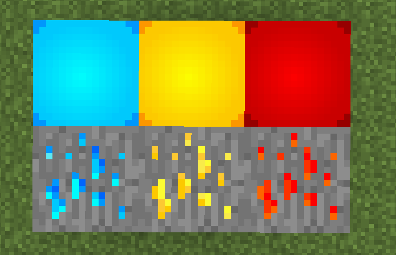 Iron, Gold, and Diamond, both in their ore and block forms. I changed Iron block to red to match what I did to the ore, but I can change it back.